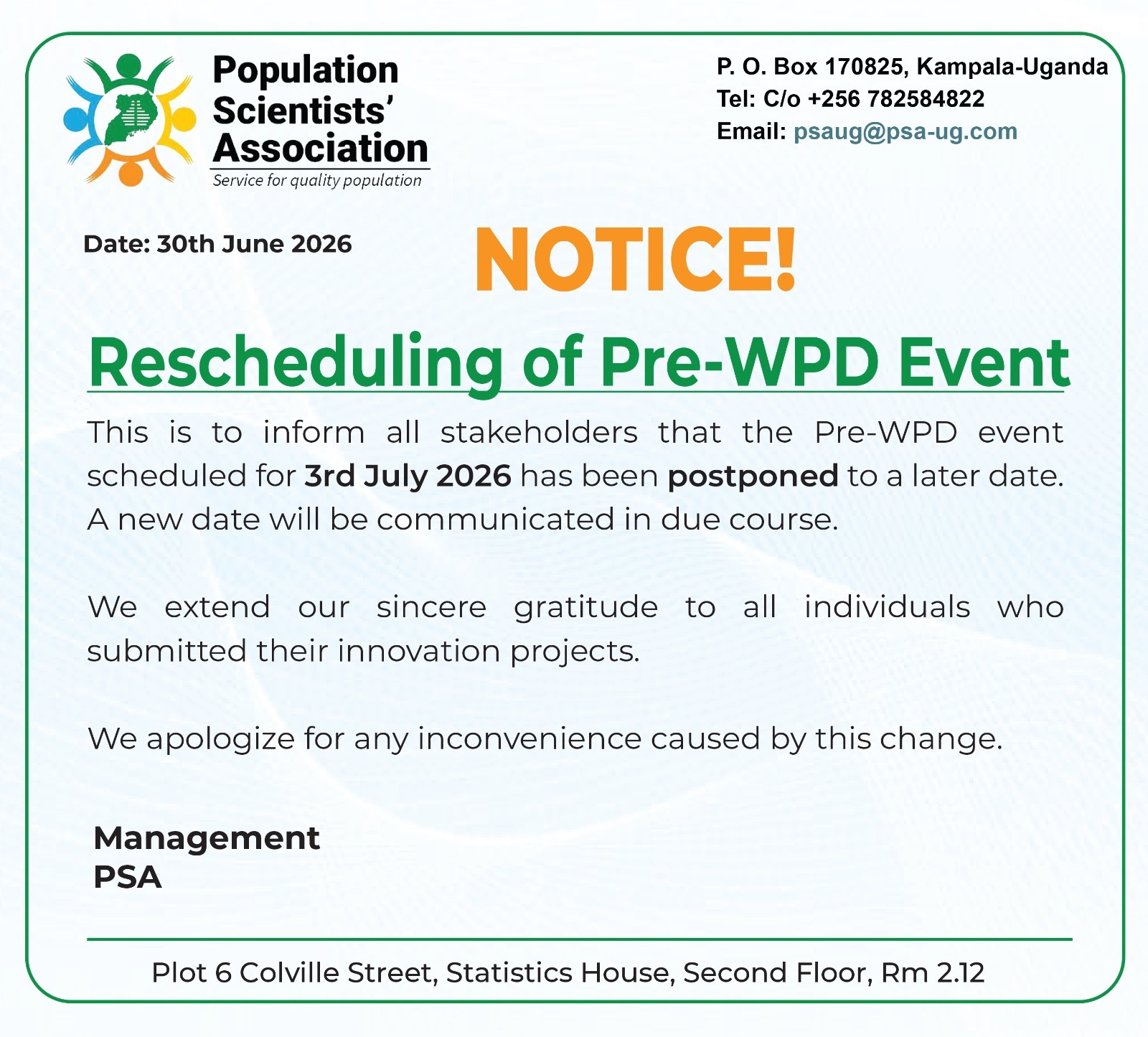 NOTICE: Rescheduling of Pre-WPD Event